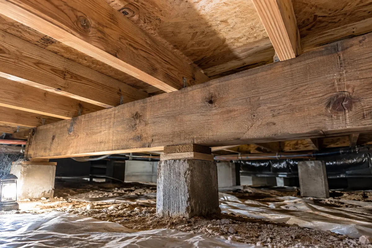Timber floor joists and a supporting beam viewed through a crawlspace opening