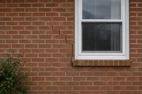Illustrative stair-step crack through mortar beside a brick window