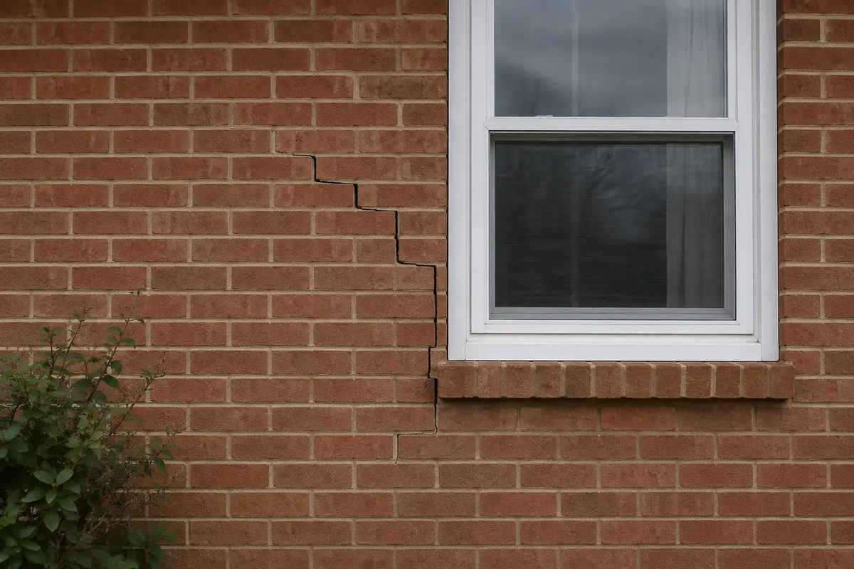 Stair-step mortar crack beside a brick house window, illustrative image