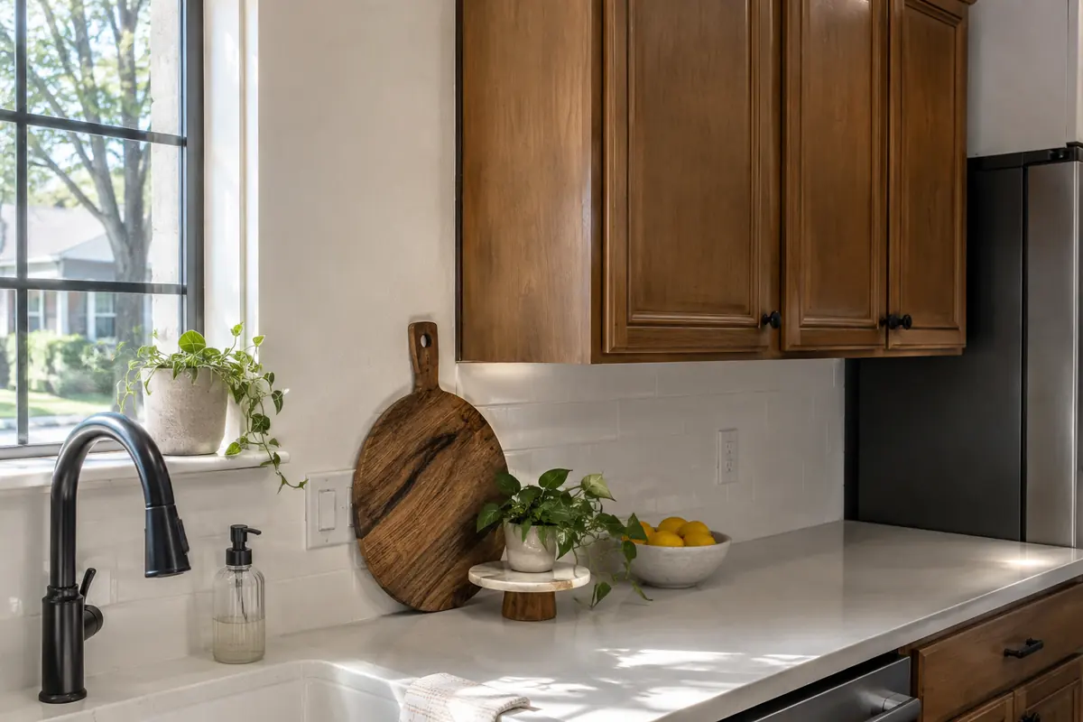 Kitchen cabinets with a narrow gap where a filler meets the wall