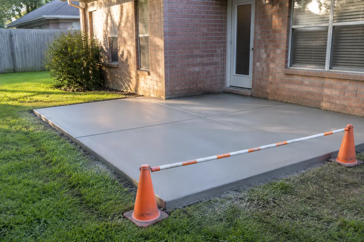 New broom-finished concrete patio kept clear behind a portable barrier and orange cones, illustrative image