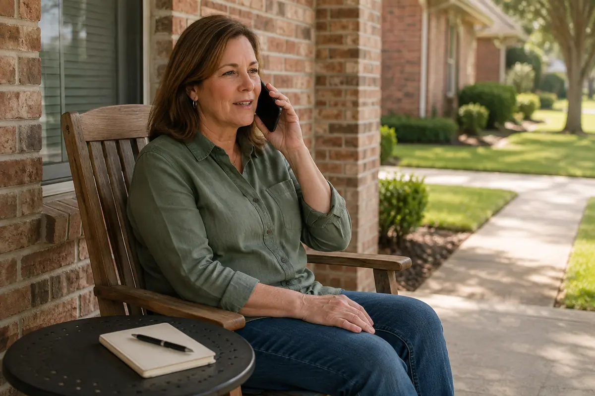 A homeowner making a phone call on a brick home's front porch, with a notebook nearby.