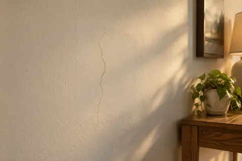 Fine drywall crack crossing a subtle older repair patch on a warm white interior wall