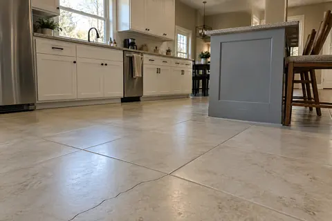 Kitchen floor with a narrow crack across ceramic tiles