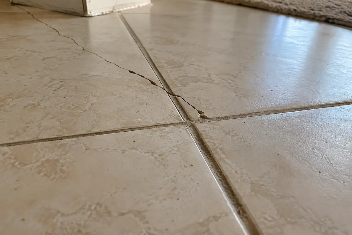 Close view of a crack crossing ceramic tile and grout