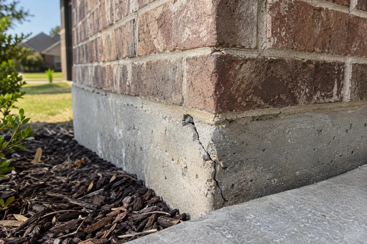 Close view of a triangular crack in a concrete slab corner