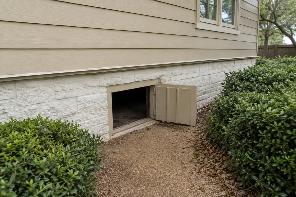 Open framed crawlspace access door in a low masonry wall with a clear dry approach, illustrative image