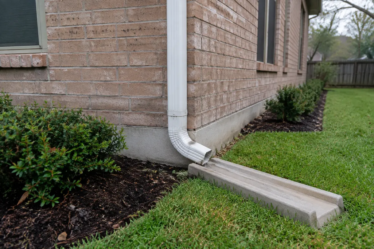 Downspout at the base of a brick house, illustrative image