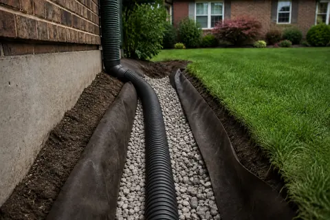 Black drainage pipe connected to a downspout in a gravel-lined trench, illustrative image