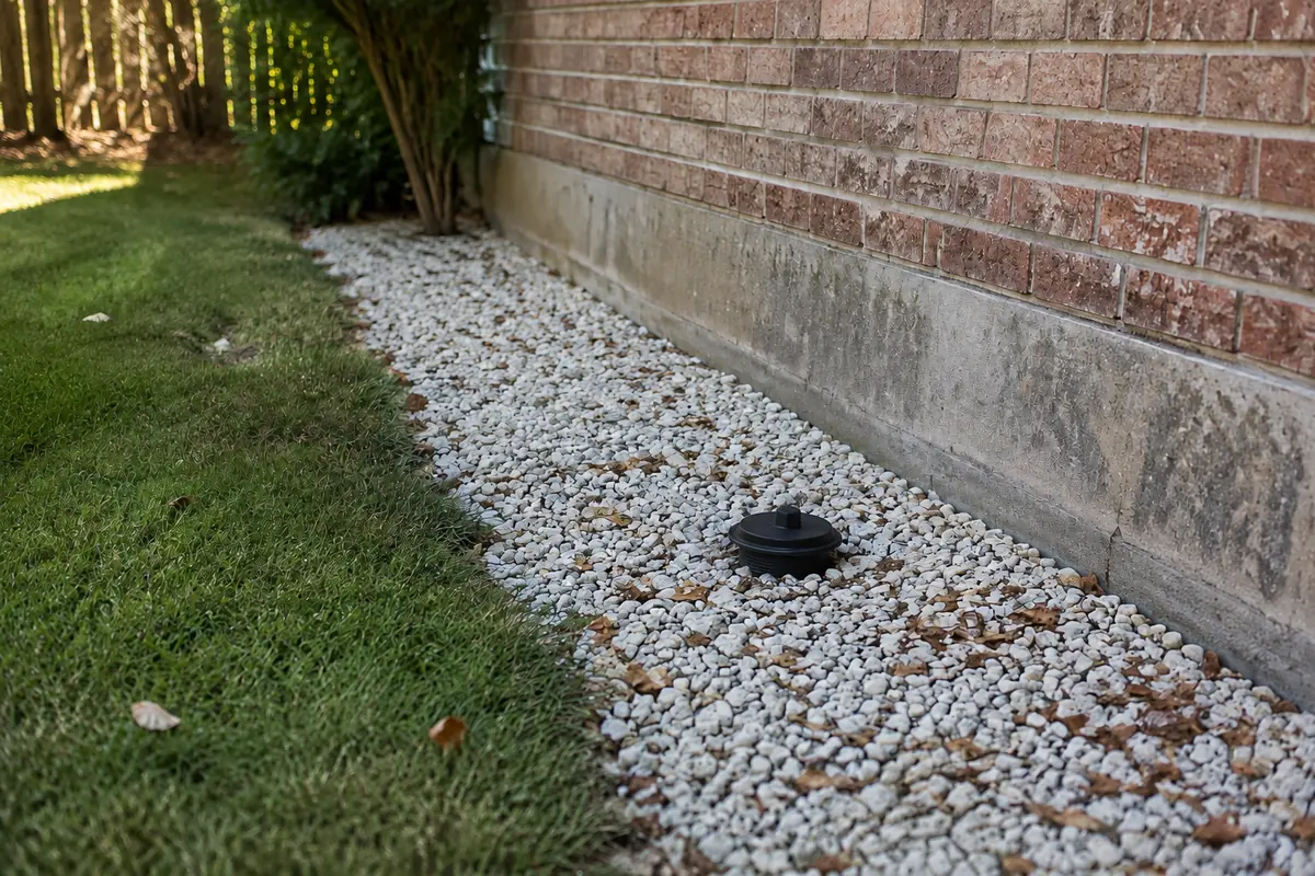 Black capped cleanout in a finished gravel drainage strip with scattered leaves beside a brick home, illustrative image