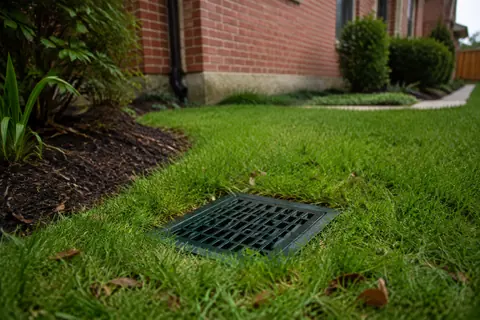 Surface drain inlet grate in a landscaped yard, illustrative image