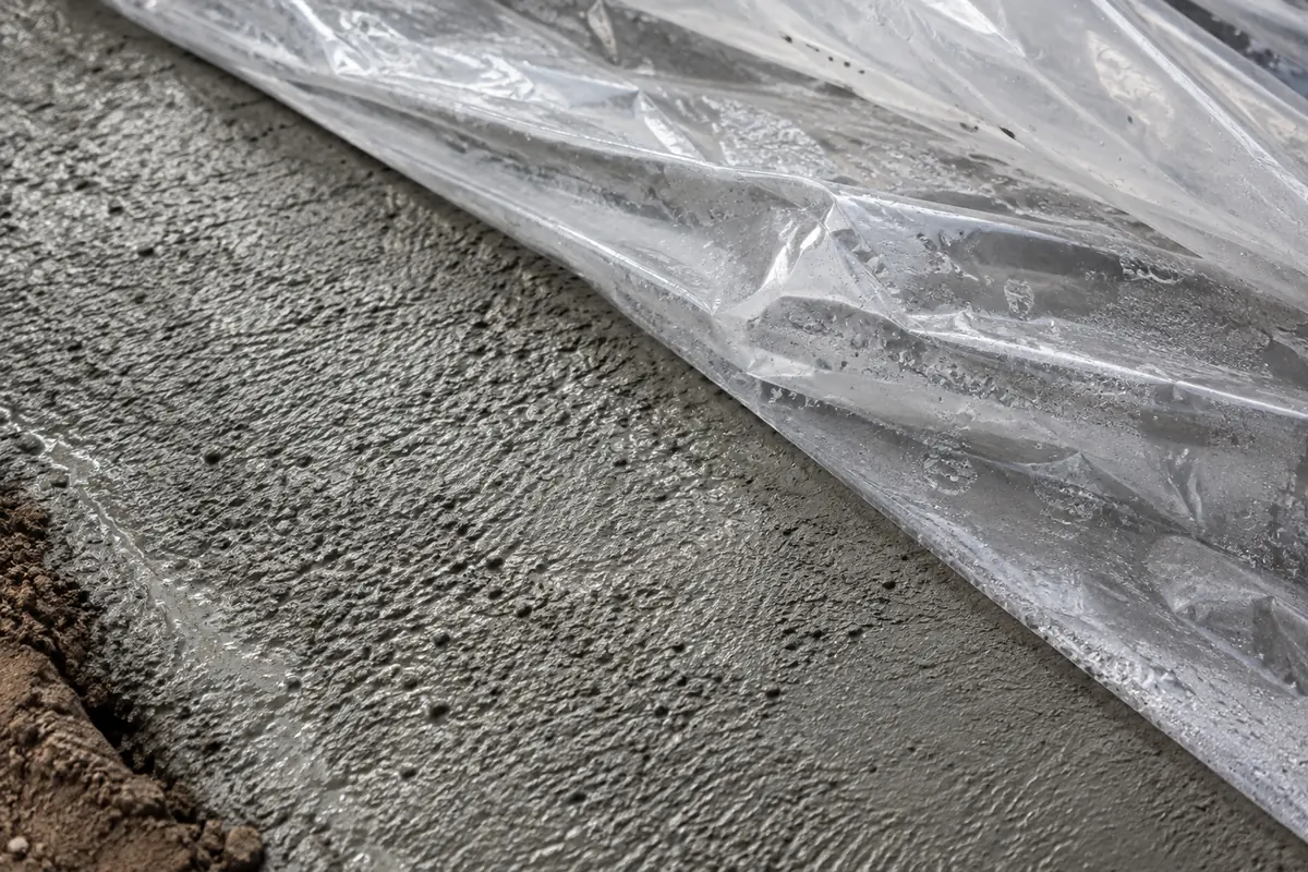 Moist concrete surface beneath clear protective plastic