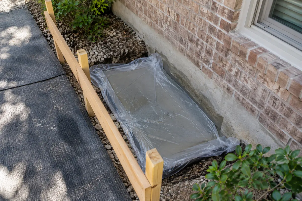 Fresh concrete protected with plastic in a shallow foundation work opening