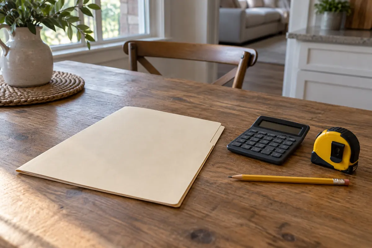 Plain repair folder with a calculator and pens on a wooden table