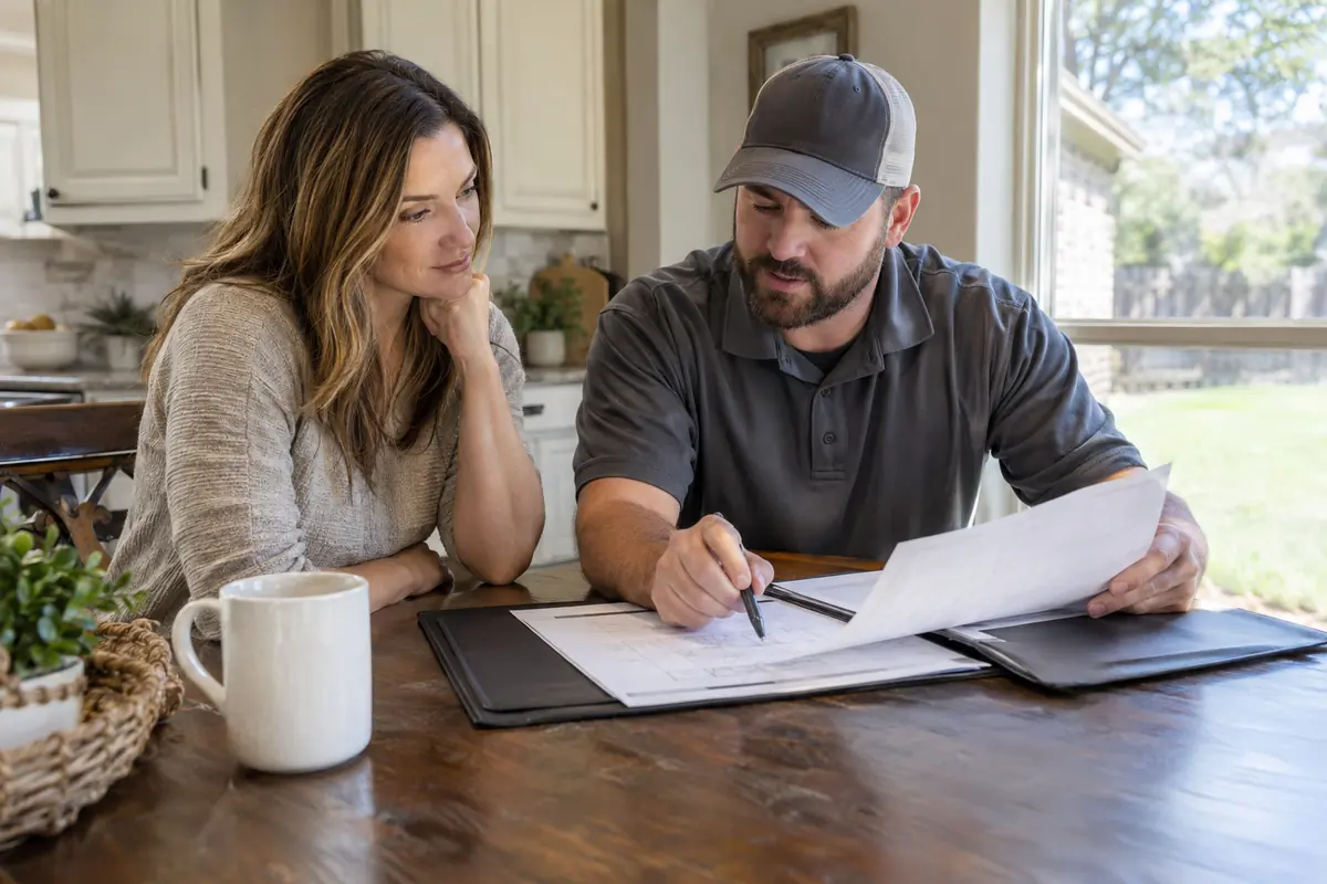 Homeowner and contractor reviewing a repair folder at a kitchen table