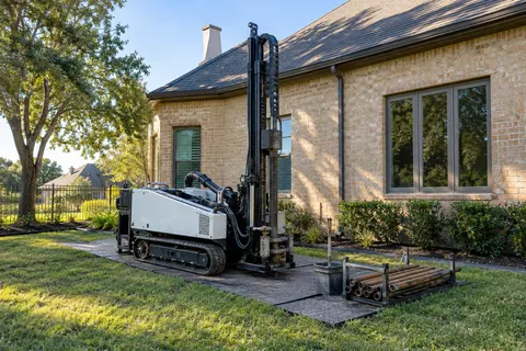 Unbranded compact drilling equipment staged beside a brick home
