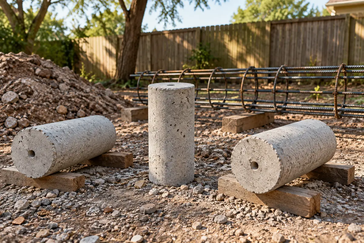 Short precast concrete piling segments beside a steel reinforcement cage