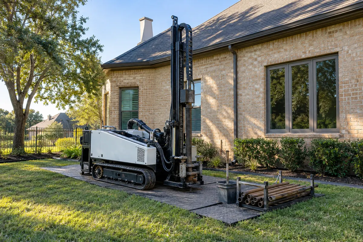 Unbranded compact drilling equipment staged beside a brick home
