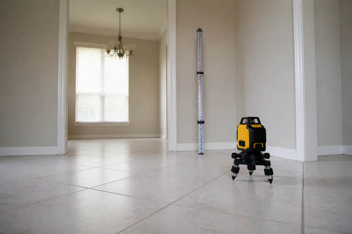 Floor-elevation measuring instrument and survey rod on a tiled residential floor, illustrative image