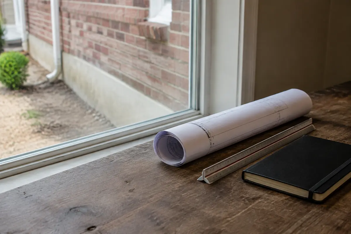 Architectural floor plan, scale and field notebook beside a window overlooking a brick home, illustrative image