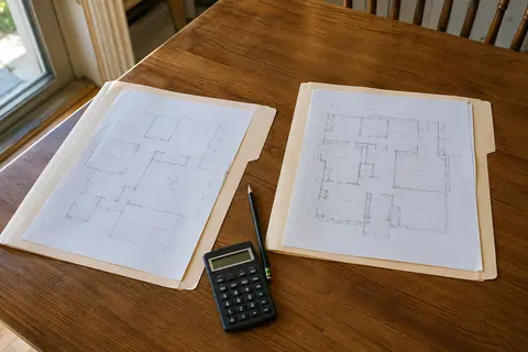 Two open folders of residential floor-plan sketches beside a pencil and calculator, illustrative image