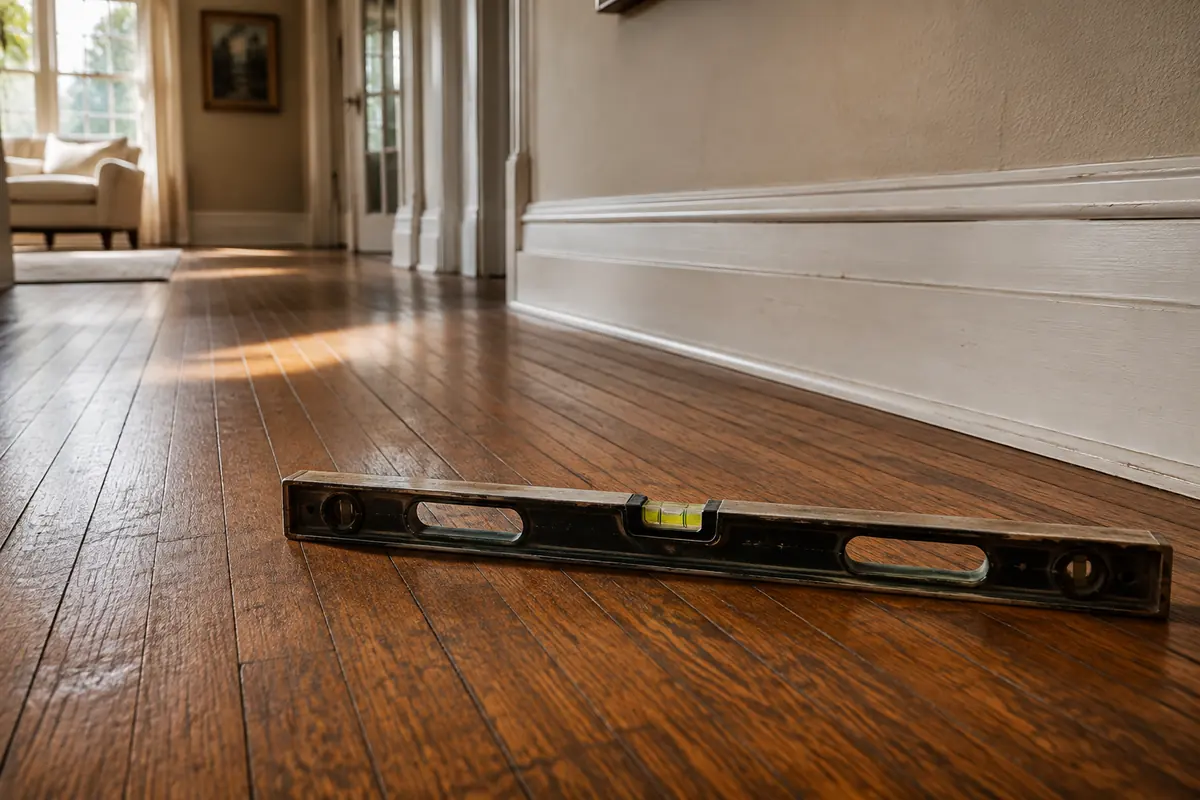 Spirit level resting on a wooden floor, illustrative image