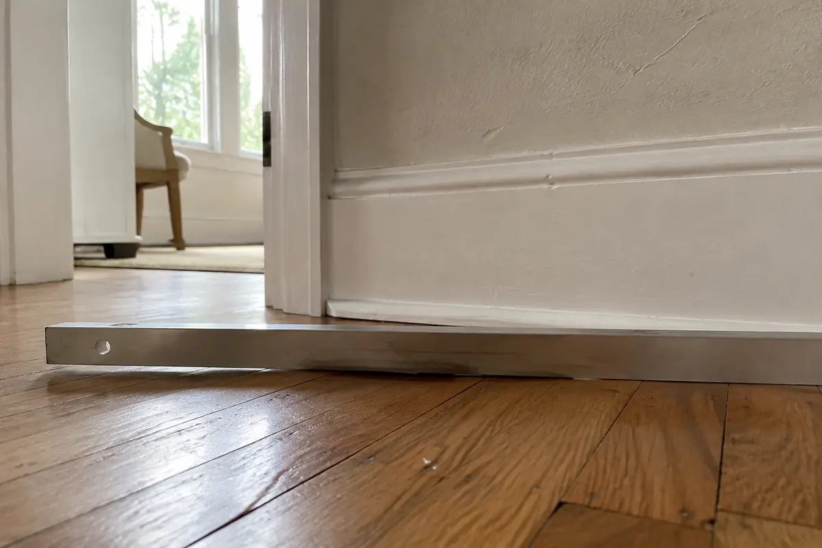 Aluminum straightedge across wooden floorboards with a small gap beneath its middle, illustrative image