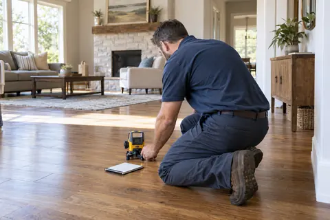 Inspector checking floor elevation with a compact instrument in a naturally lit living room