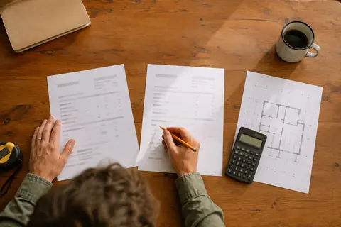 Repair planning papers and a calculator on a tabletop, illustrative image