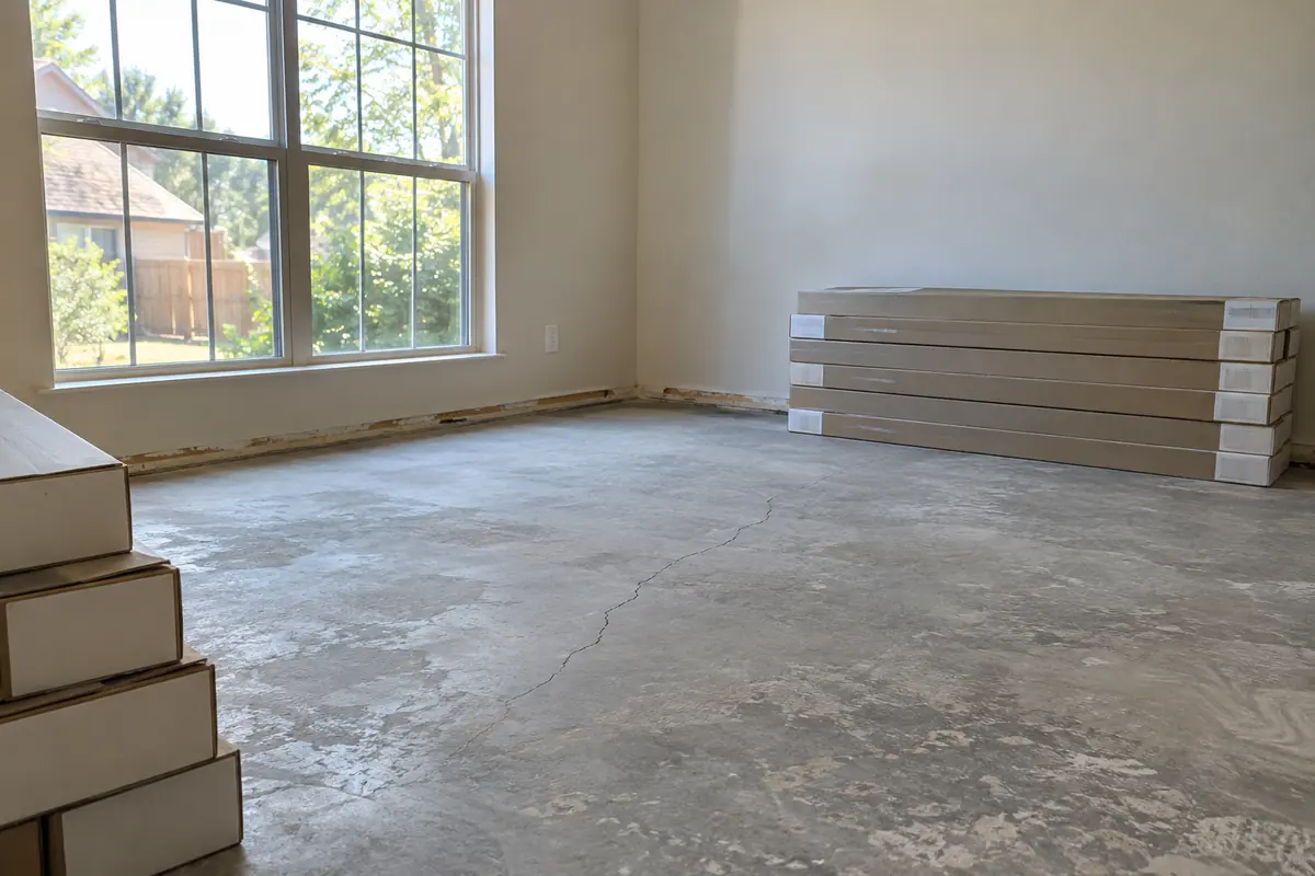 Room prepared for flooring replacement with an exposed concrete floor