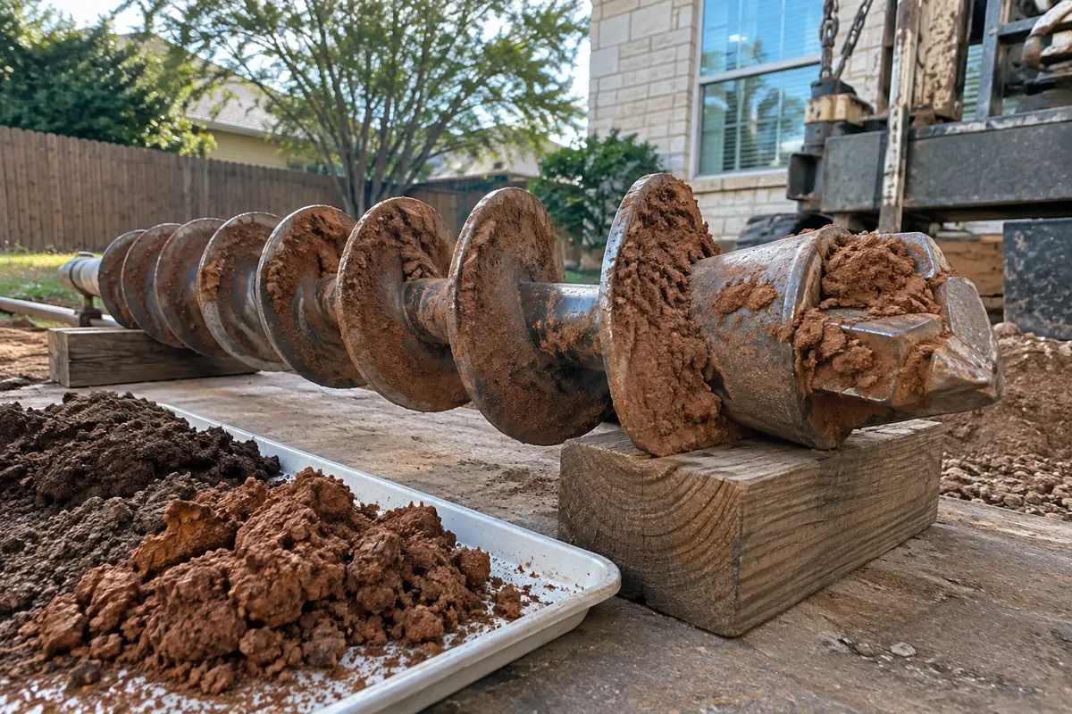 Clay-covered auger bit resting on blocks beside a soil sample tray