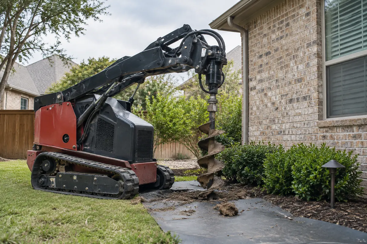 Earth auger equipment parked beside a home's foundation