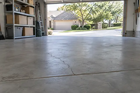 Narrow irregular crack and a straight control joint across a garage floor near an open garage door