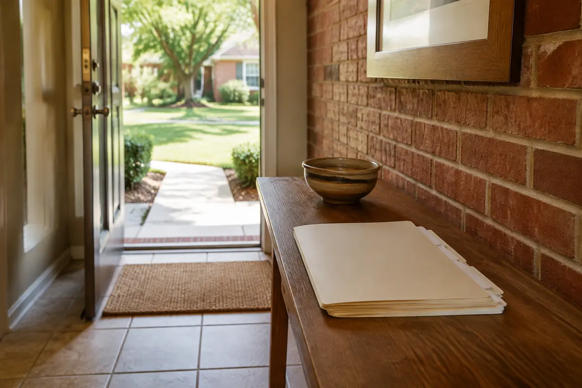 Tabbed property-records folder on an entryway table beside an open front door, illustrative image