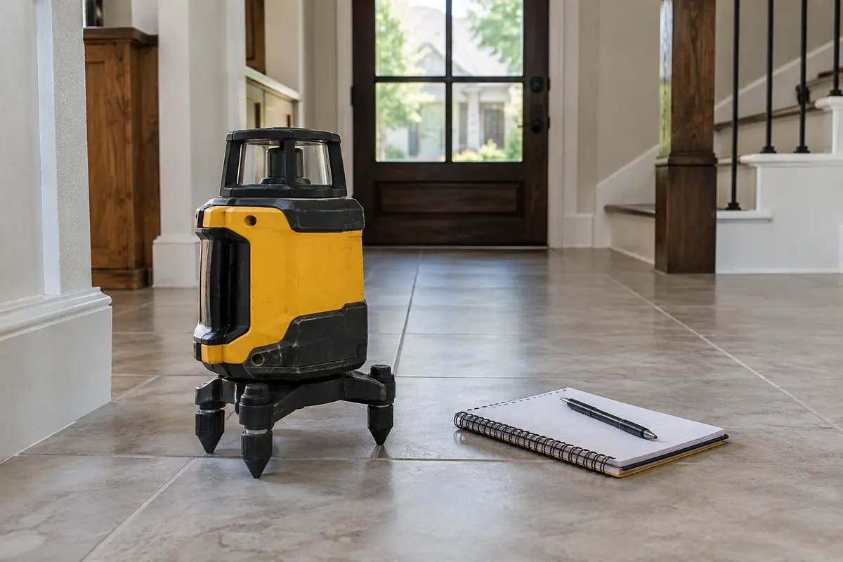 Floor elevation instrument and notebook near a tiled doorway