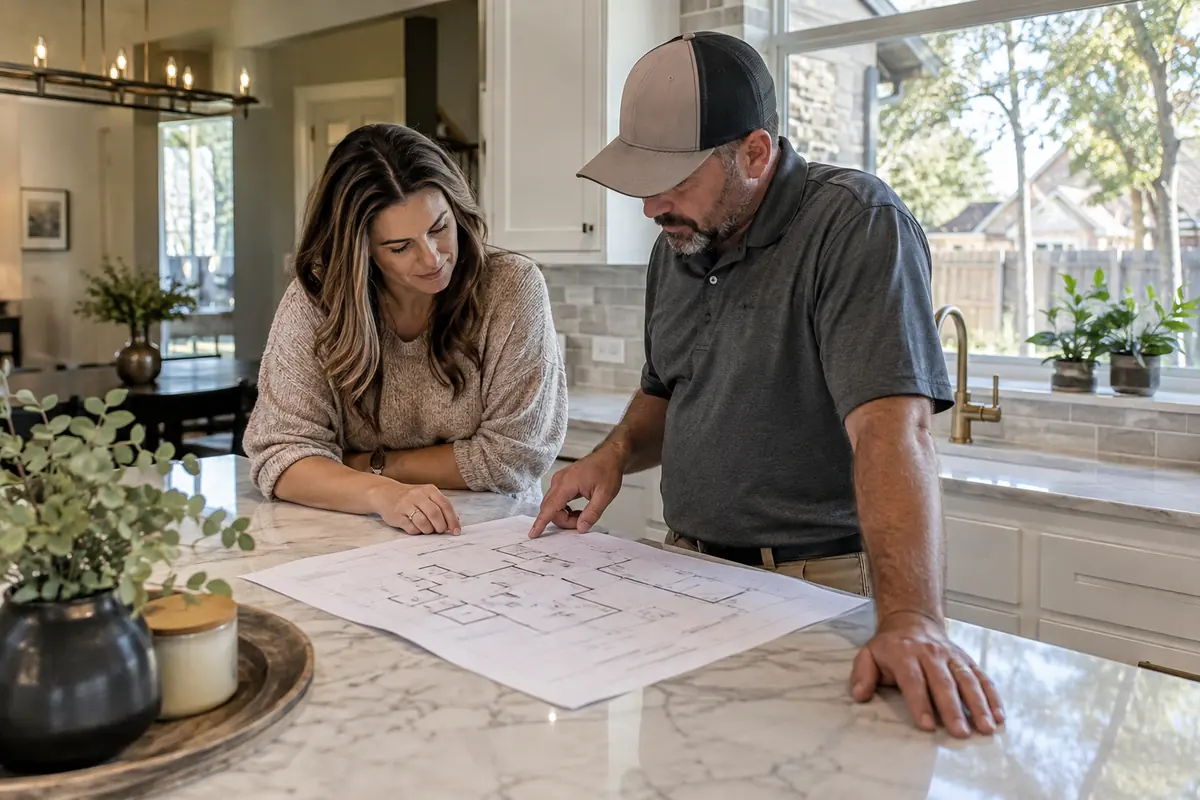 Homeowner and inspector reviewing a floor plan at a kitchen counter