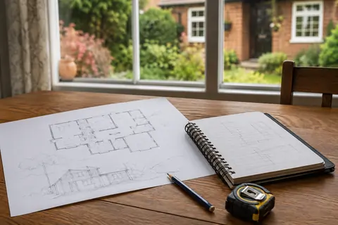 Clipboard and house floor plan prepared for an inspection, illustrative image