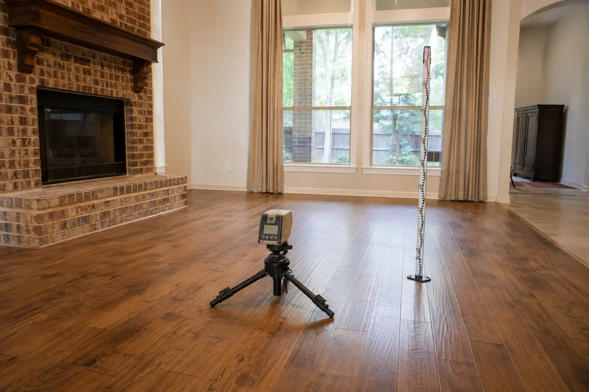 Foundation measurement equipment in a brick fireplace living room