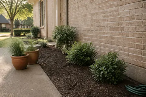 Garden bed beside a brick home with pots set aside and a clear access strip, illustrative image