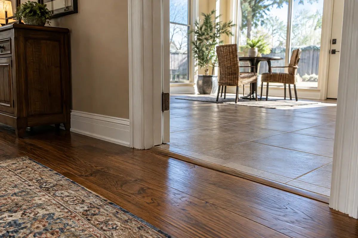 Threshold connecting a wood-floored room to a tiled addition