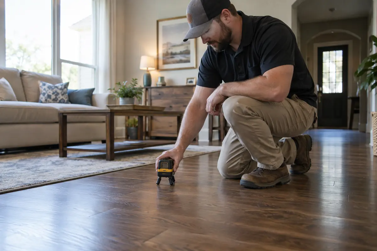 Inspector checking floor elevations in a living room