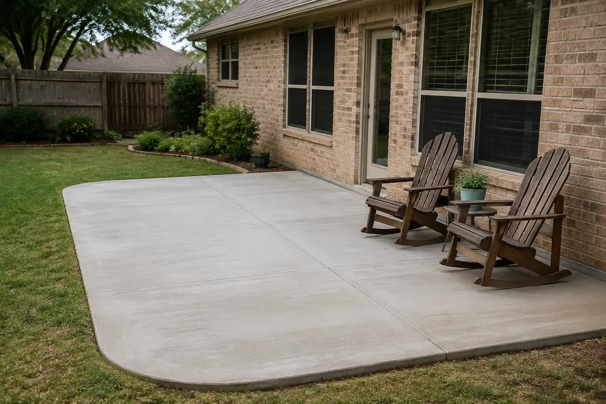 Concrete patio with simple outdoor chairs, illustrative image