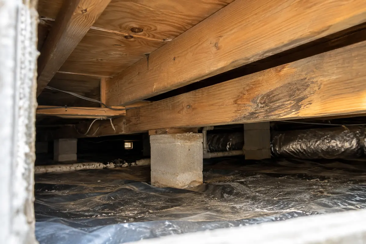 Weathered wood framing viewed from a crawlspace opening