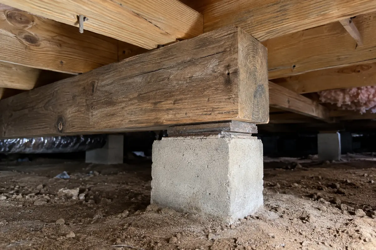 Wood beam and floor joists resting on a concrete crawlspace support