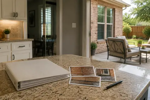 Property-records binder, printed brickwork photographs and pen on a kitchen island, illustrative image