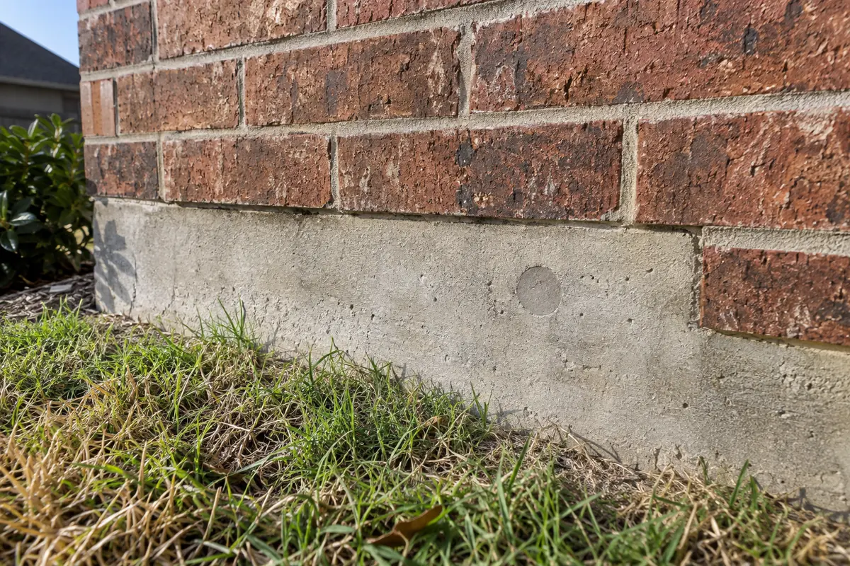 Patched circular anchor pocket in a concrete slab edge beneath brick veneer
