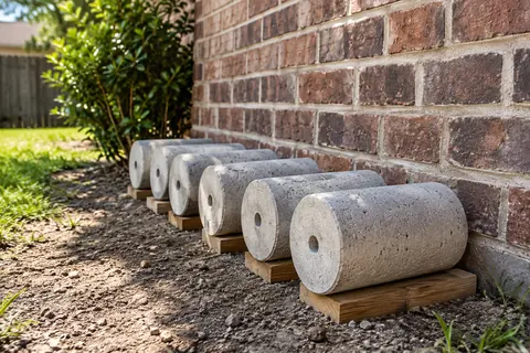 Short concrete piling cylinders arranged on gravel beside a house