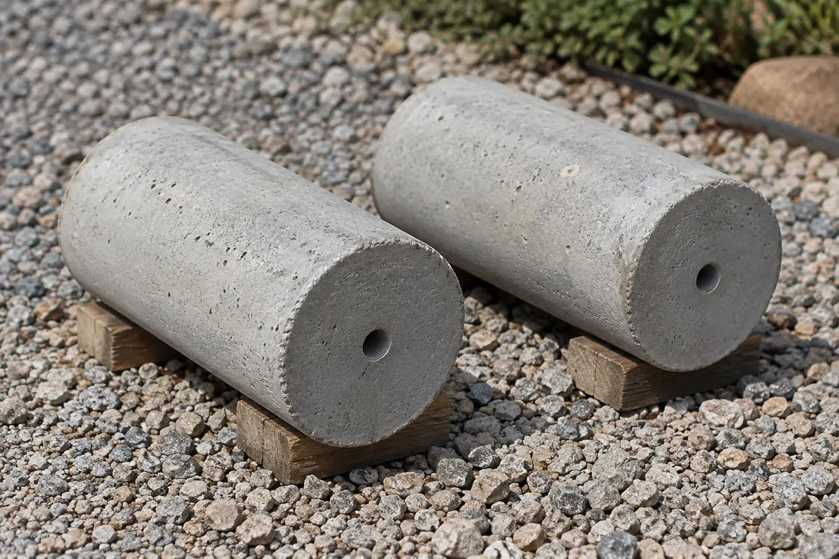 Two precast piling cylinders with flat ends and central holes