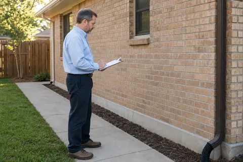 A professional holding a clipboard beside the brick wall and slab edge of a home.
