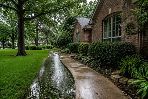 Rainwater rippling along a lawn edge beside a walkway and brick house, illustrative image